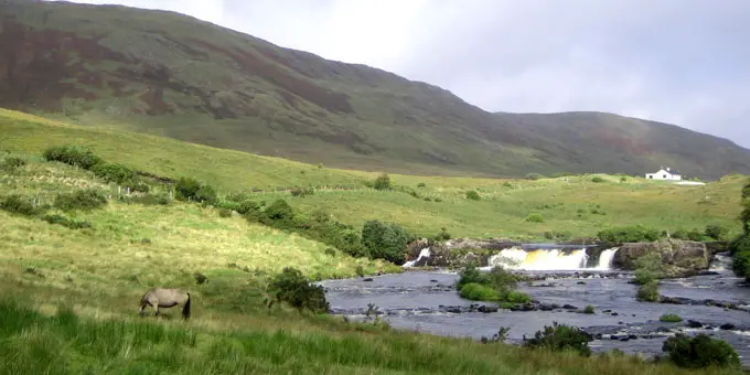 Irisches Pferd vor einem Wasserfall