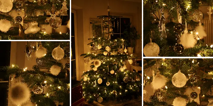 Weihnachtsbaum mit weißem und silbernem Weihnachtsschmuck