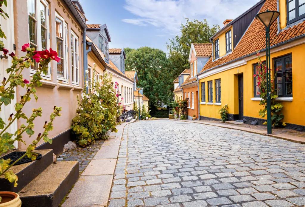 Pflastersteinstraße mit bunten Häusern und blühenden Blumen in einer idyllischen Gasse in Odense, Dänemark.